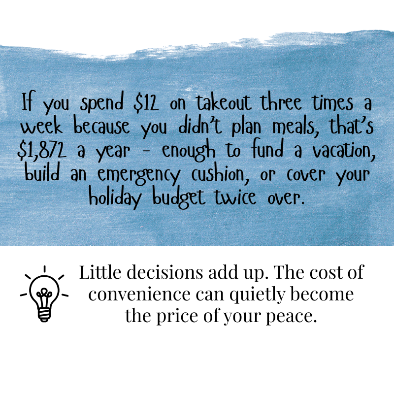 graphic showing how skipping takeout helps prevent last-minute spending and saves money