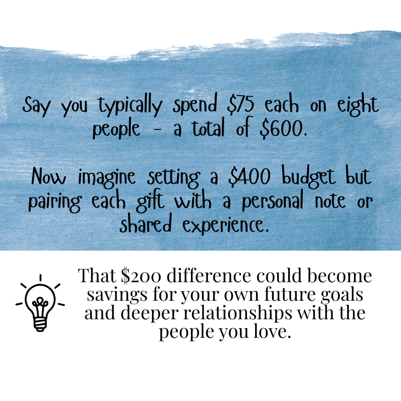 graphic showing how adding personal meaning can reduce gift spending and increase value, intentional gift giving concept