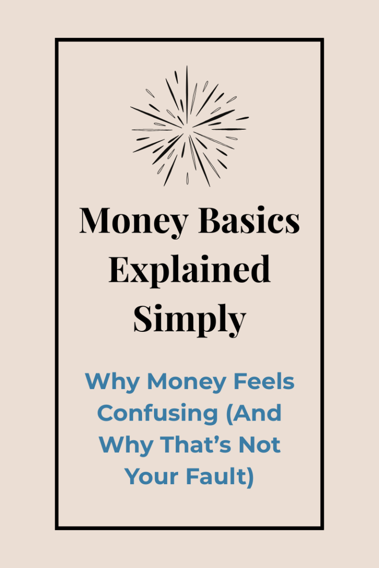 Money Basics, Explained Simply graphic for Economic Simplicity blog post about why money feels confusing and how to build financial clarity.