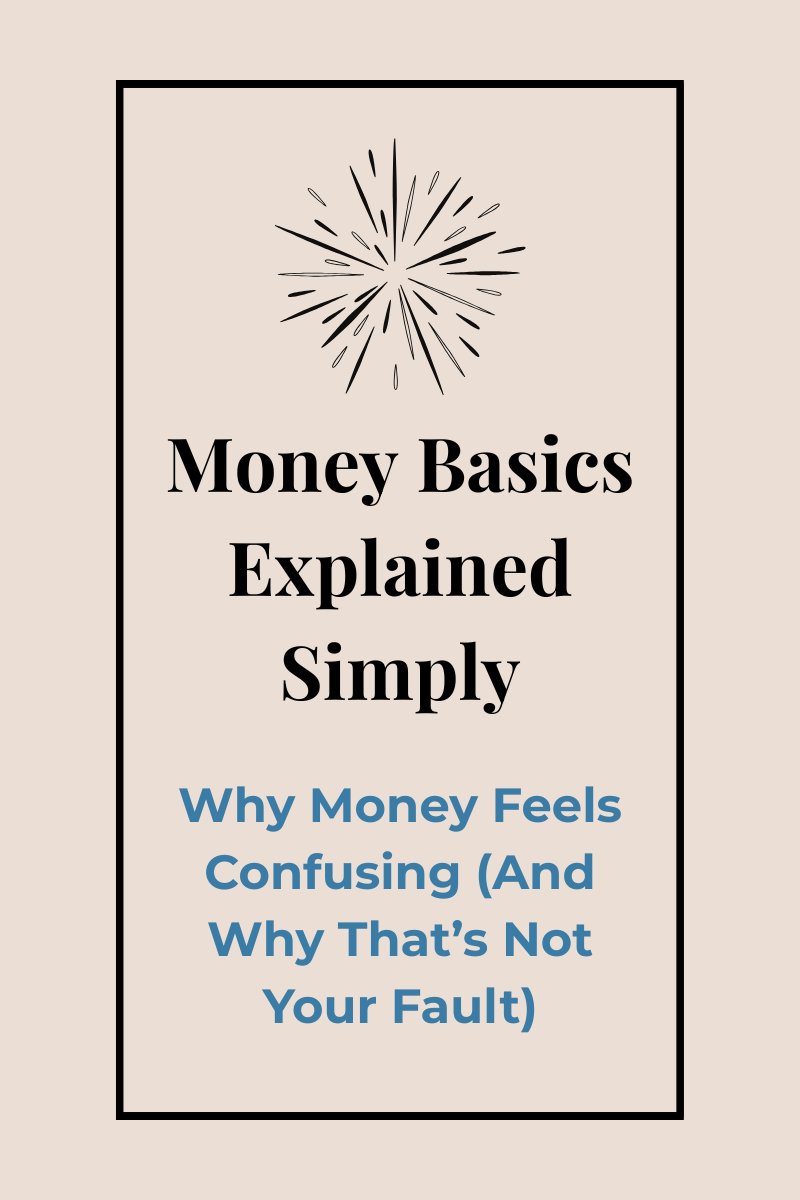 Money Basics, Explained Simply graphic for Economic Simplicity blog post about why money feels confusing and how to build financial clarity.