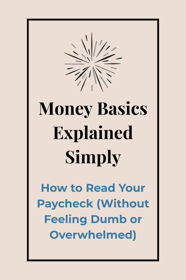 Money Basics, Explained Simply graphic for blog post on how to read your paycheck without feeling overwhelmed.