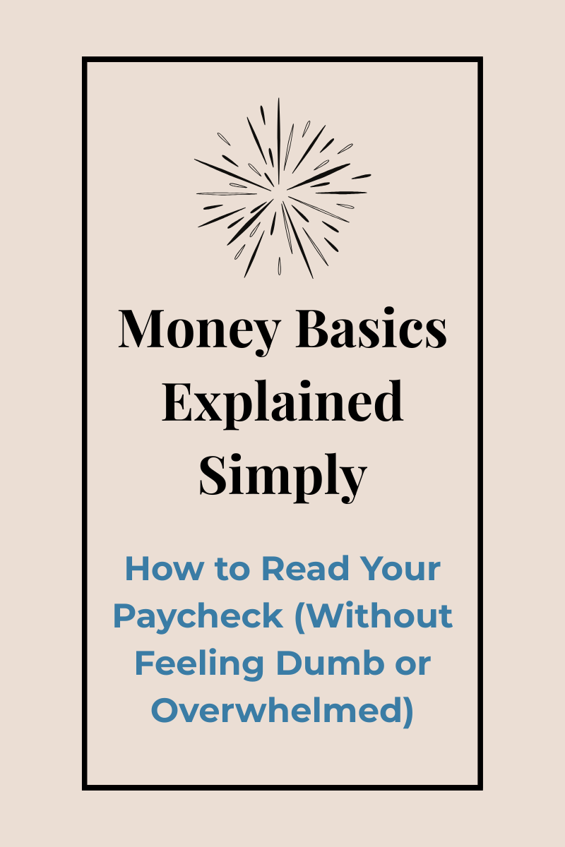 Money Basics, Explained Simply graphic for blog post on how to read your paycheck without feeling overwhelmed.
