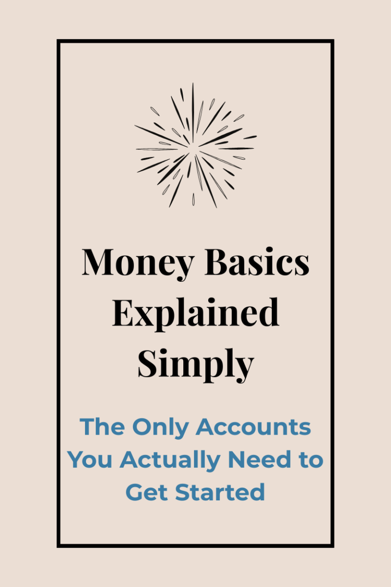 Money Basics, Explained Simply graphic for blog post about the essential bank accounts needed to get started with money.