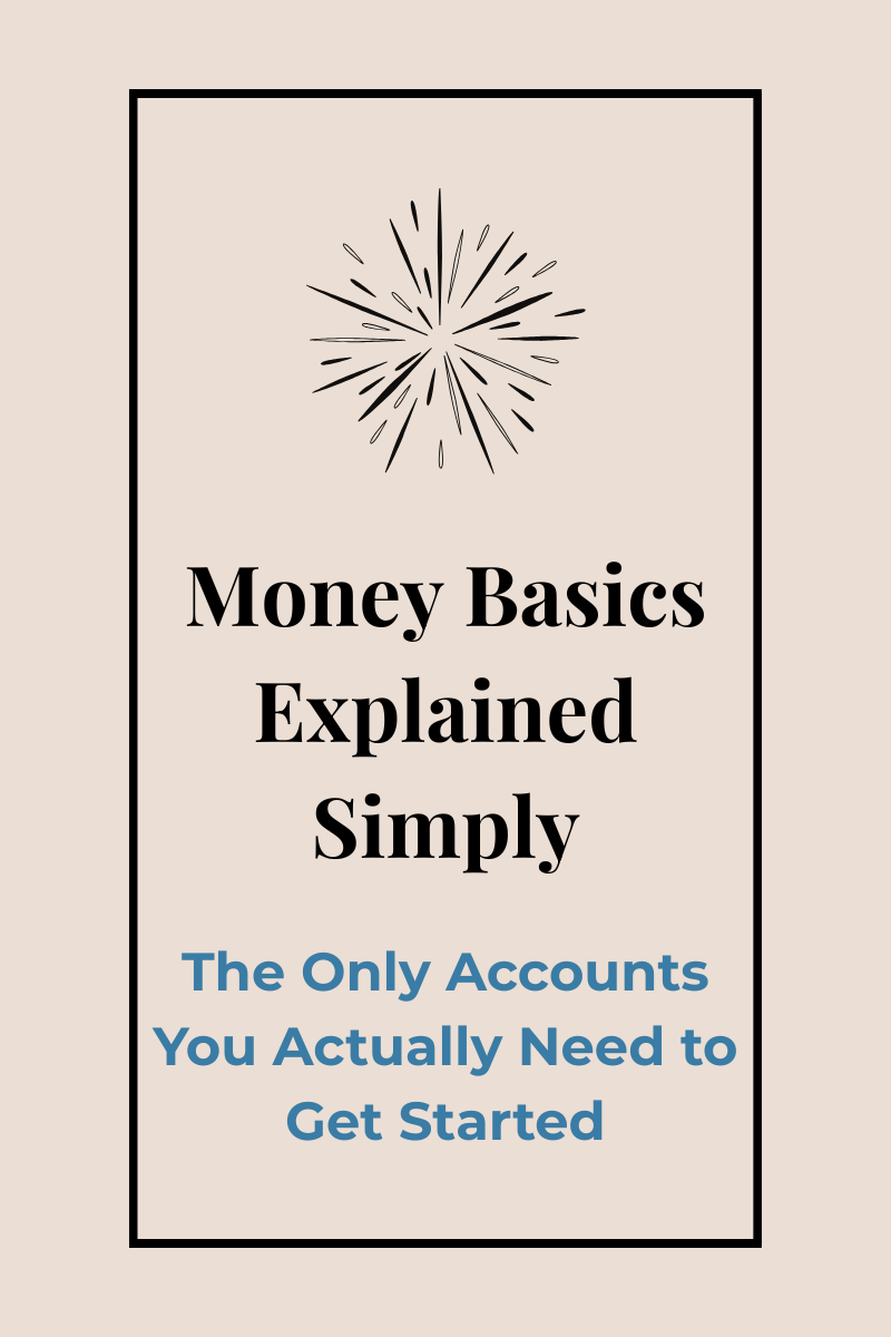 Money Basics, Explained Simply graphic for blog post about the essential bank accounts needed to get started with money.