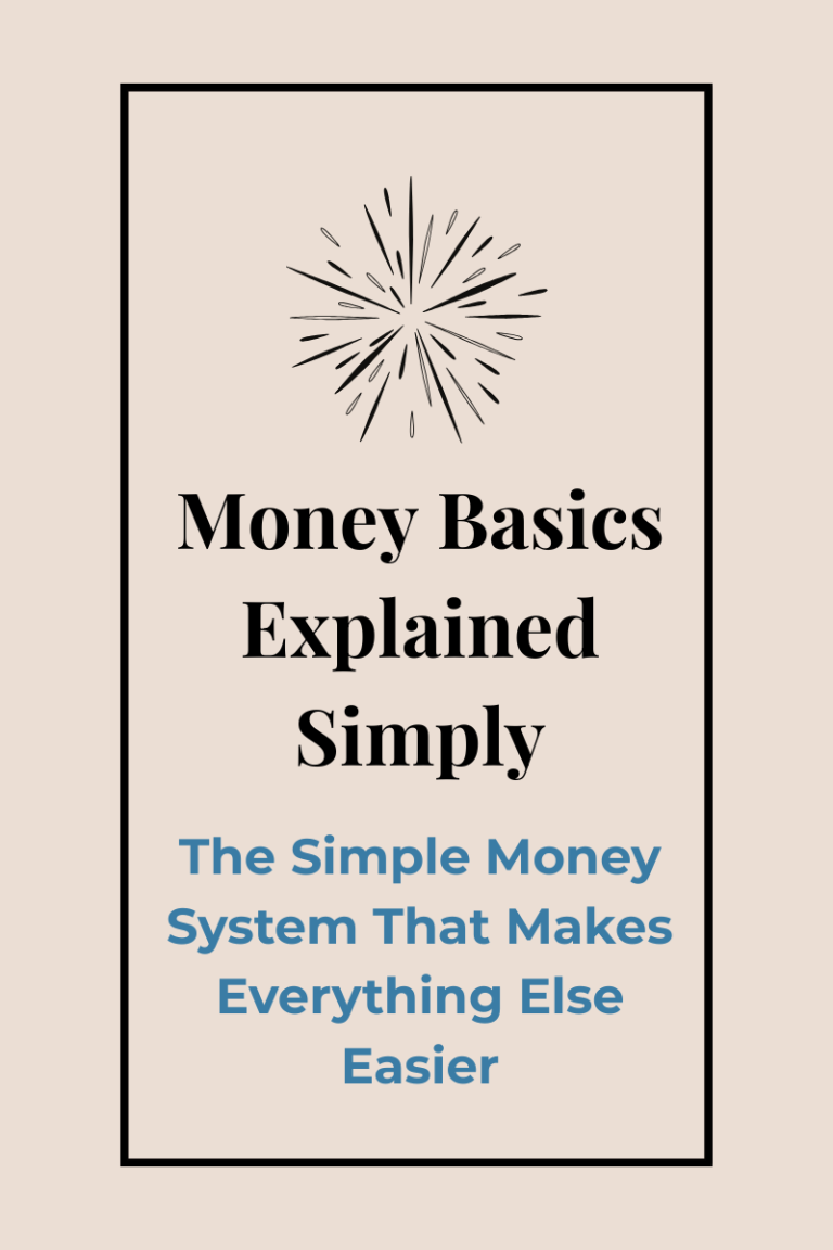 Money Basics, Explained Simply graphic for blog post about building a simple money system that supports financial confidence.